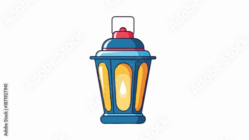 A blue and red illuminated lantern with a metal handle hangs on a white background