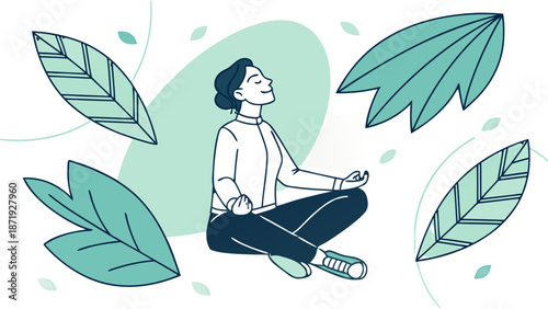 Mindfulness and Nature: Person Floating and Meditating,  A flat vector line art illustration of a person meditating in a floating pose, surrounded by large, stylized green leaves. The image represents