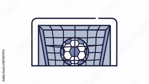 A blue and white soccer ball rests in a net goal