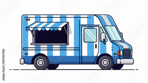 A blue and white striped food truck with an awning and serving window