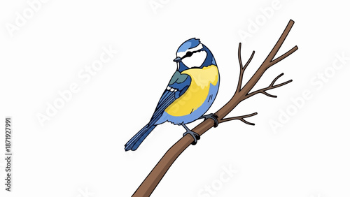 A blue and yellow bird perched on a bare brown branch