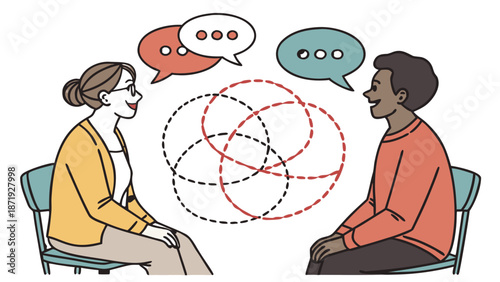 Therapy Session Vector Illustration: Man and Woman Talking,  A woman and a man are sitting in chairs facing each other, with speech bubbles and overlapping circles symbolizing their conversation 