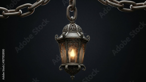 A hanging lantern with a glowing light suspended from a chain against a dark background