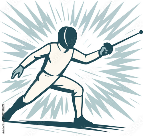 Fencer in action with a sword and explosive background