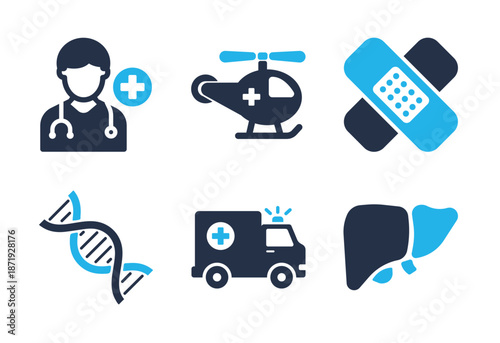 Medical Emergency Services and Genetics icon set. Solid glyph series icons