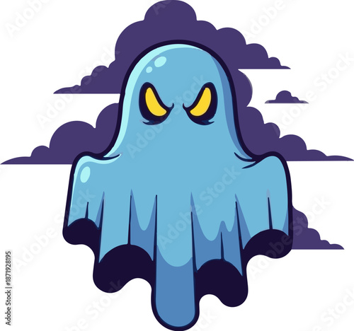 A blue, cartoonish ghost with yellow eyes floats amidst dark, stylized clouds