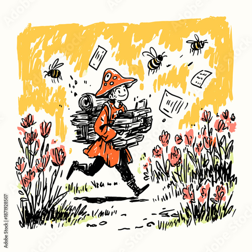 Cheerful Child Collecting Sticks in a Colorful Garden