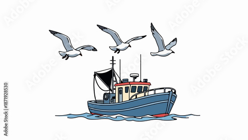 A blue fishing trawler sails on blue wavy water with three seagulls flying overhead