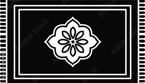 A simple black and white icon illustration of a prayer rug with a decorative floral pattern
