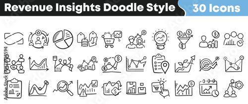 A collection of thirty hand drawn doodle style icons representing revenue insights business analytics and financial growth concepts