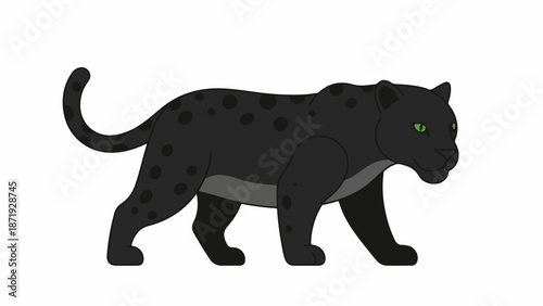 A black panther with green eyes walks confidently across a white background