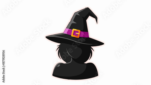 A black witch hat with a purple band and gold buckle adorns a silhouette