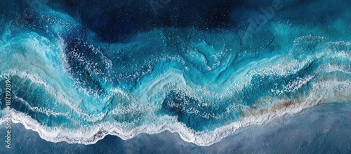Swirling turquoise and deep blue ocean waves create a mesmerizing, textured coastal artwork