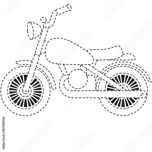 Dotted line dirt bike icon for off-road apps, extreme sports branding, or youth content with rugged tire and frame detail.