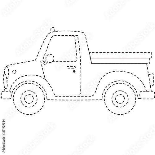 Dotted line pickup truck icon for construction apps, outdoor branding, or rural lifestyle content with rugged flatbed design.