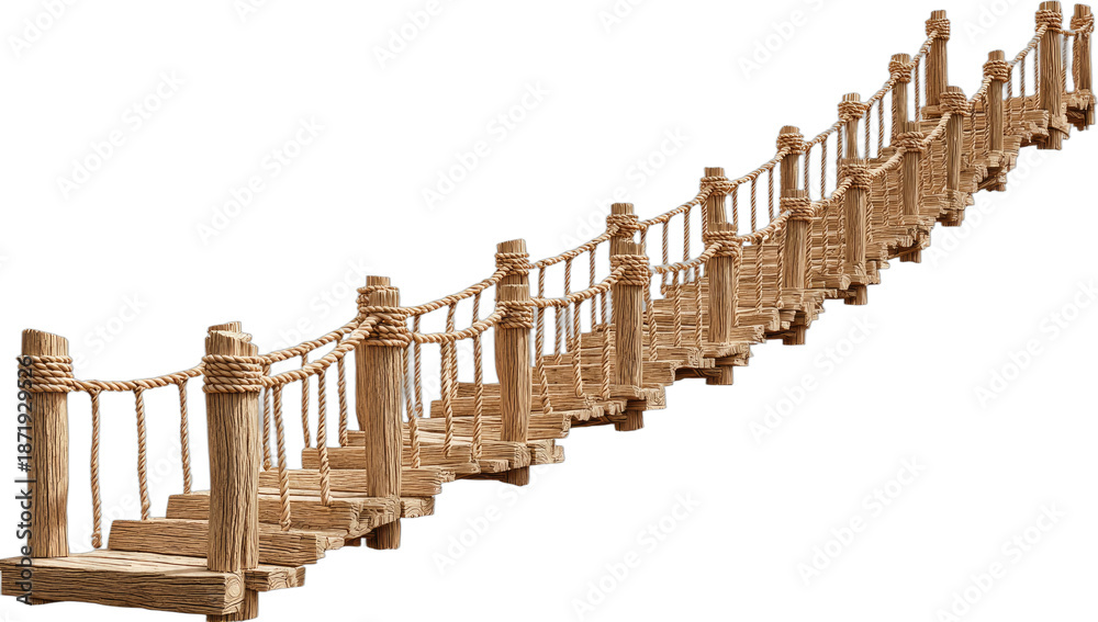 Fototapeta premium Rustic rope and wood suspension bridge with plank walkway over an unseen abyss