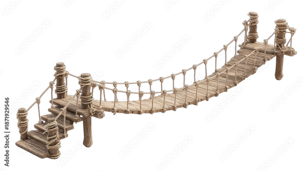 Fototapeta premium Rustic rope and wooden bridge with steps, suspended and curving