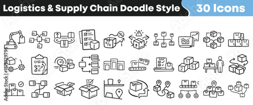 Collection of thirty hand drawn doodle style icons representing complex logistics and supply chain management processes for business planning.