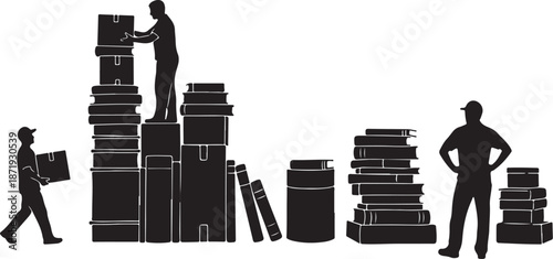 Silhouette of men stacking books in piles