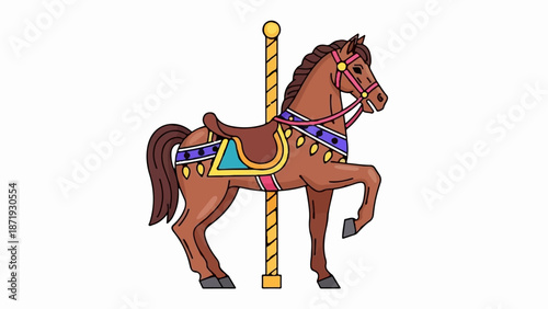 A cartoon carousel horse, brown with a saddle, pole, and decorative trappings