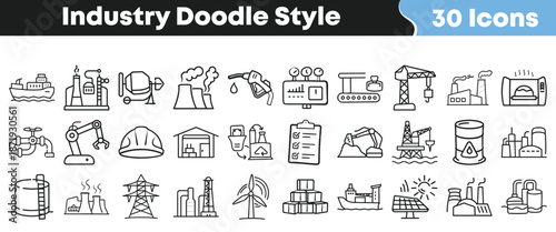 Collection of thirty industry doodle style line icons representing various sectors like manufacturing construction energy and transportation elements