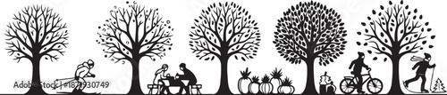 Seasonal Tree Silhouettes with People Engaged in Activities