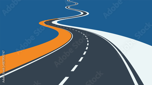Winding Road Vector Illustration - A Journey Towards the Horizon on a Blue and Orange Background