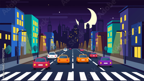 Vibrant night city street vector illustration with cars driving on road and pedestrian crossing