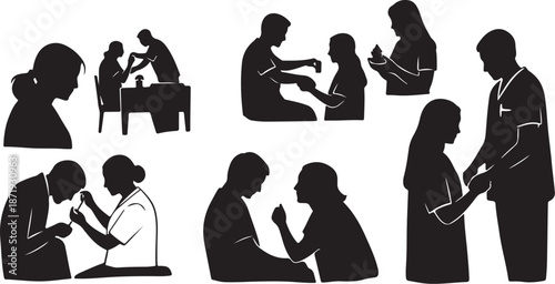 Silhouettes of people in various prayer and worship positions