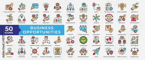 Business Opportunity Icon Collection Set Color Style. Product Development, Opportunities, Market Research, Innovation, Partnership, Collaboration, Market Trend, Logistic, Financial Planning icon.
