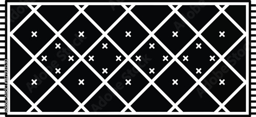 Geometric rug icon with crisscross diamond pattern and small crosses on a black background