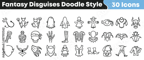 Thirty unique hand drawn doodle style icons represent various fantasy disguises costumes and spooky Halloween accessory elements for creative projects.