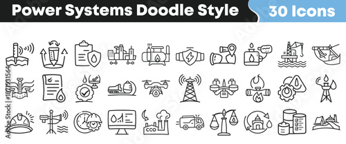 Collection of thirty unique hand-drawn doodle style icons representing various aspects of power systems and energy infrastructure development clearly presented.