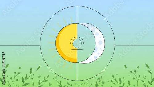 Duality of day and night in a serene landscape with sun and moon phases with balance and harmony and nature and environment and symbolic and graphic
