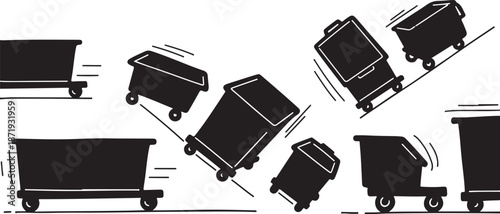 Black mining carts in motion on white background