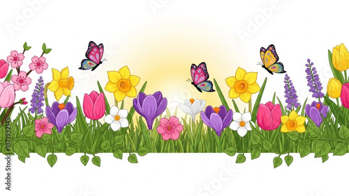 Colorful spring flowers and butterflies in a lush green meadow with vibrant blossoms and warm sunlight with nature and outdoor and tulips and daffodils