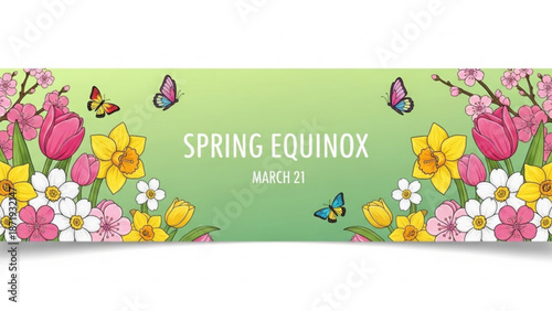 Vibrant spring equinox banner with colorful flowers and butterflies on green background with springtime and seasonal and easter and march 21