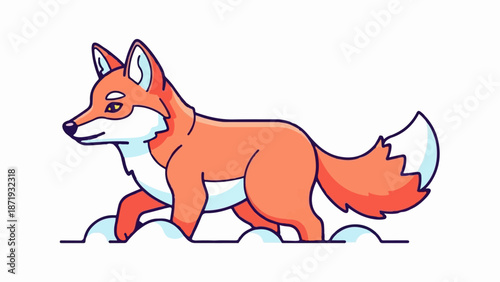 A cartoon fox with orange fur and white accents walks through snow