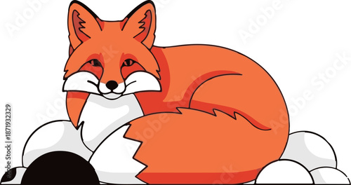 A cartoon fox with orange fur, white chest, and bushy tail rests peacefully on white, gray, and black shapes