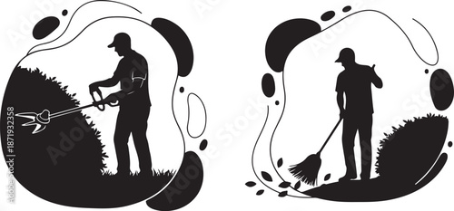 Silhouette of a man gardening with tools and grass
