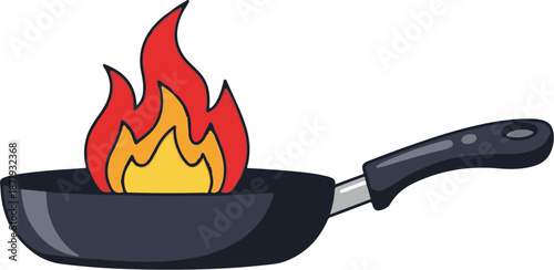 A cartoon frying pan with flames of orange and red bursting upwards from its interior