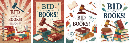 Creative book fair auction posters featuring gavel and stacked books for bidding excitement