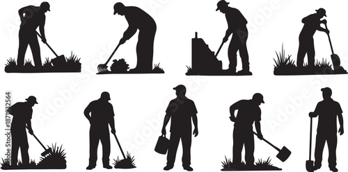 Silhouettes of men working in garden with tools