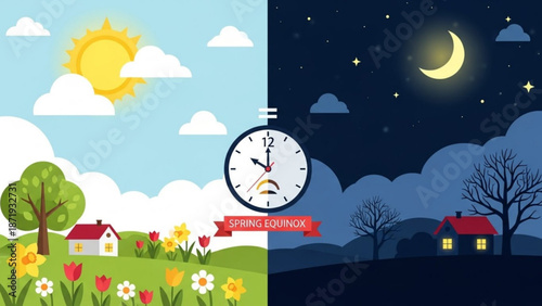 Spring equinox illustration showing day and night with clock and seasonal change with nature and landscape and seasons and time and sun and moon
