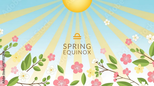 Vibrant spring equinox illustration with blooming flowers and sun rays on a bright blue background with blue sky and colorful and graphic and green leaves