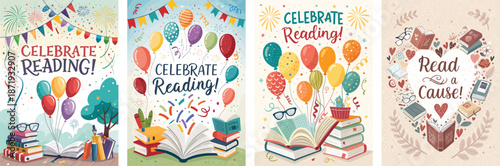 Book fair charity creative poster featuring reading books balloons hearts and dessert treats