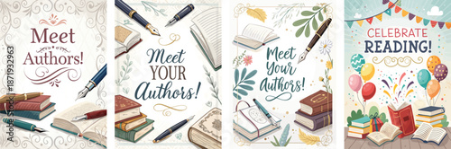 Creative poster collection showcasing book fair celebration and writing inspiration