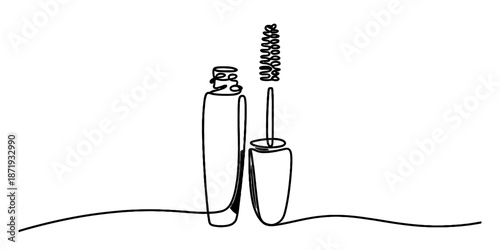 Continuous line art drawing of mascara tube and brush on white background Vector, illustration