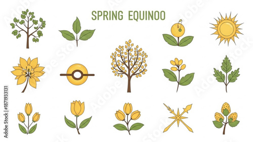 Spring equinox themed vector illustrations of blooming flowers trees and sun with seasonal and nature and environment and growth and renewal