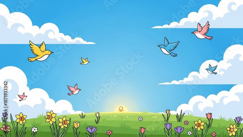 Colorful cartoon birds flying over a vibrant flower field at sunrise with fluffy white clouds in a bright blue sky with whimsical and landscape